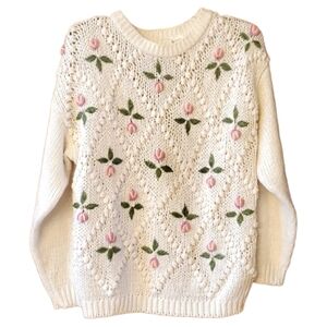 Needles & Yarn Thick Knit Vintage‎ Floral & Pearl Sweater Off White Size Small